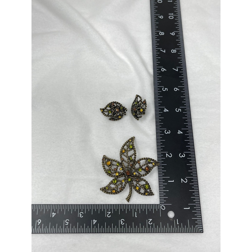 Avon Womens Vintage Leaf Brooch Earring Set OS Bronze Rhinestone Autumn Jewelry - Picture 9 of 9